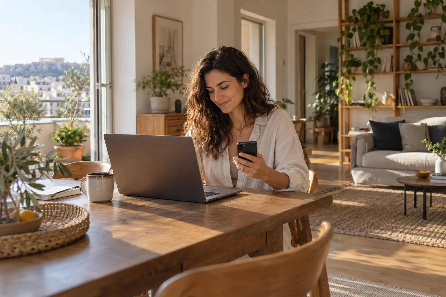 Επαγγελματίας με laptop και κινητό στο σπίτι